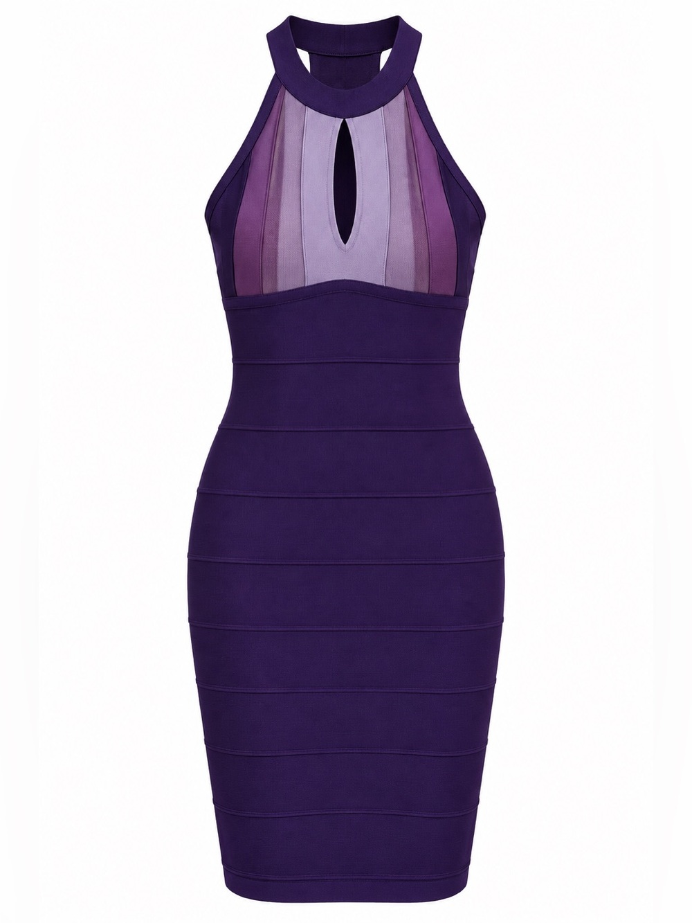 bebe Purple Halter Midi Dress with Lilac and Plum Mesh Panels